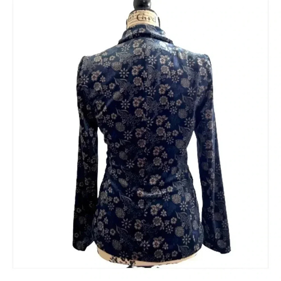 CAROLINA BELLE BLAZER BLUE & TAN FLORAL PRINT VELVET DOUBLE BREASTED - Picture 2 of 12